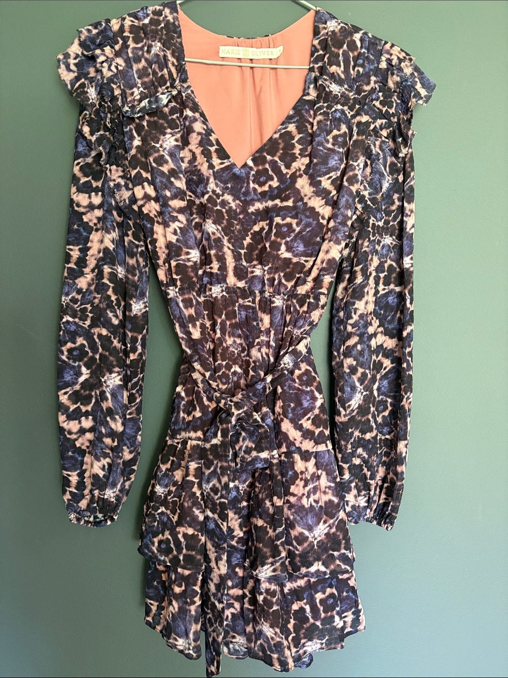 Marie Oliver Purple and Tan Leopard Print Long Sleeve Tie-Waist Dress